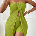 Women's Lime Green Strapless Textured Ruched Split Front Tube Top & Shorts Two Piece Set Spring Summer Casual Vacation Beach