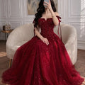 Customized Crystal Tulle A-line 2026 Evening Dresses for Women Red Shiny Sequined Party Dresses Strapless Princess Prom Dress