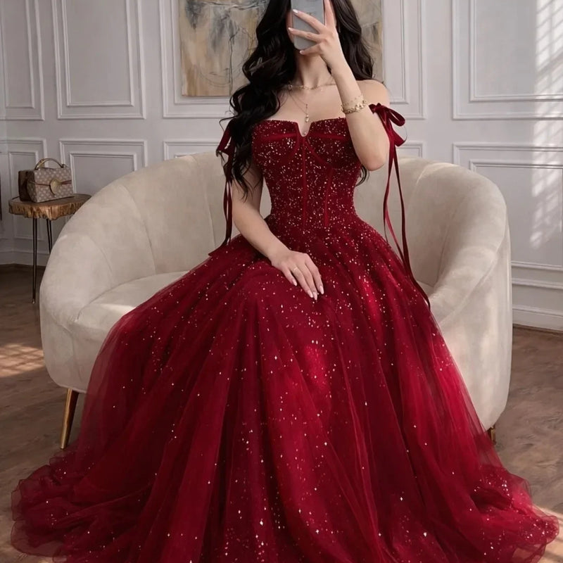 Customized Crystal Tulle A-line 2026 Evening Dresses for Women Red Shiny Sequined Party Dresses Strapless Princess Prom Dress