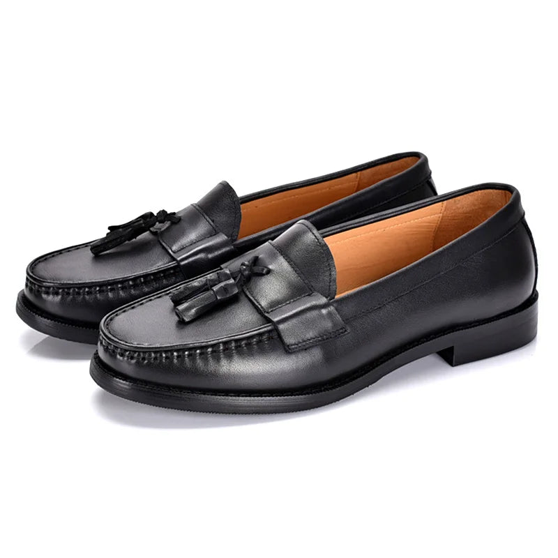 Black high-quality cowhide men's loafers tassel casual walking  driving all genuine leather men's shoes