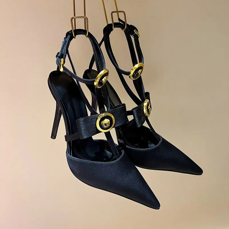 2025 New Bow Tie Thin Heel Pointed Toe Sexy Roman Straight Strap High-heeled Sandals for Women