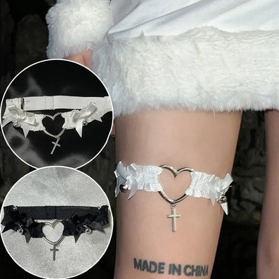 Sexy Lace Bow Garter Punk Hollow Heart Cross Choker Leg | SAMAG