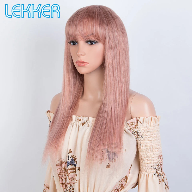 Lekker Rose Pink Bone Straight 100% Human Hair Wigs With Bangs For Women Brazilian Remy Hair Glueless Colored Long Wigs