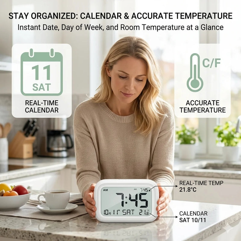 Digital Alarm Clock with LCD Display Battery Operated Desk Clock for Bedroom Temperature Date Week Display Snooze Backlight