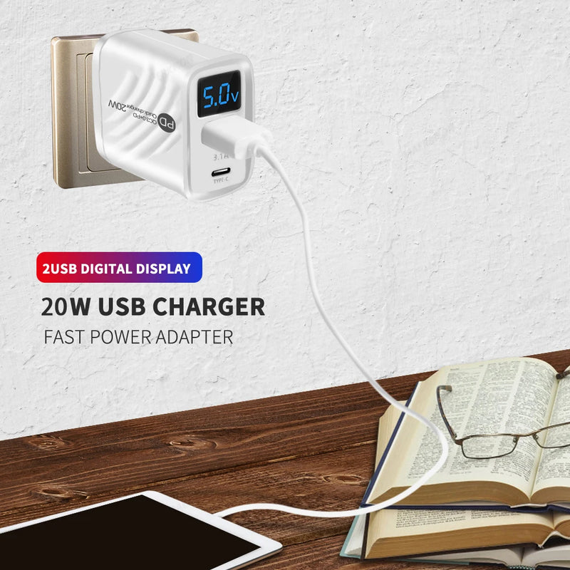 PD 20W USB C Charger Fast Charging Type C Wall Charger For iPhone 14 Samsung Xiaomi Huawei Digital Display Phone Charger Adapter