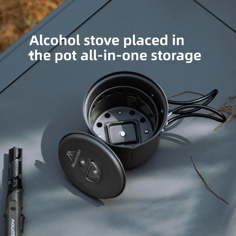 MOUNTAINHIKER Ultralight Portable Alcohol Stove Set with Pot, Camping Cookware Set, Windproof Integrated Cooking Kit for Hiking