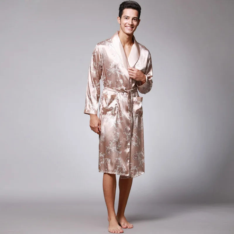 Loose Kimono Robe Wear Printing Nightgown Silky Men's Pajamas Long-sleeved Bathrobes Homewear