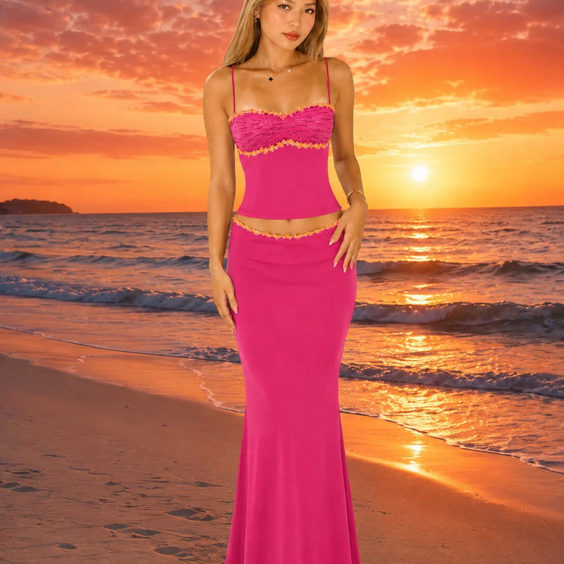 Women 2 Piece Outfit Spaghetti Strap Ruched Cami Top Floral Trim High Waist Mermaid Maxi Skirt Set Summer Beach Vacation Matching Outfits