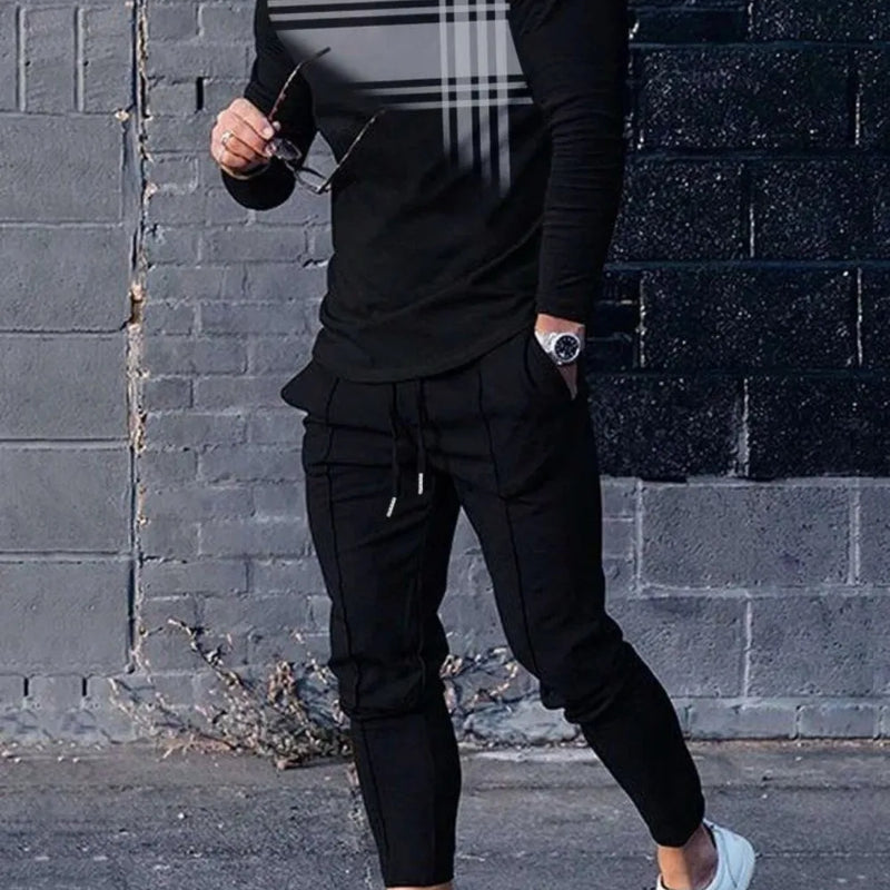 Fashionable summer men's striped patchwork print breathable round neck long sleeved pants set outdoor casual - View 3 | SAMAG