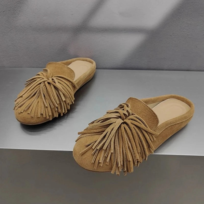 DIMANYU Women's Mules Shoes Genuine Leather 2026 New  Women Slippers Flat Tassel Closed-Toe Female Large Size Slippers Women 