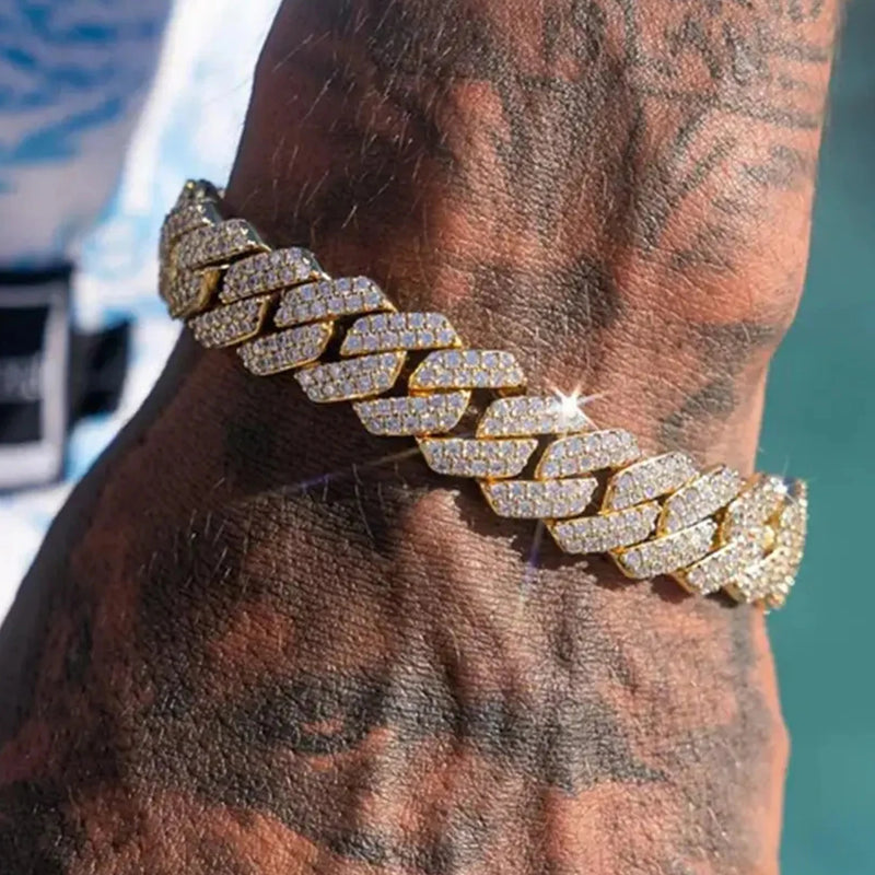 14MM Iced Prong Link Cuban Chain Bracelets for Men Women Full Rhinestones Chunky Miami Cuban Bracelet Punk Hip Hop Jewelry Gift