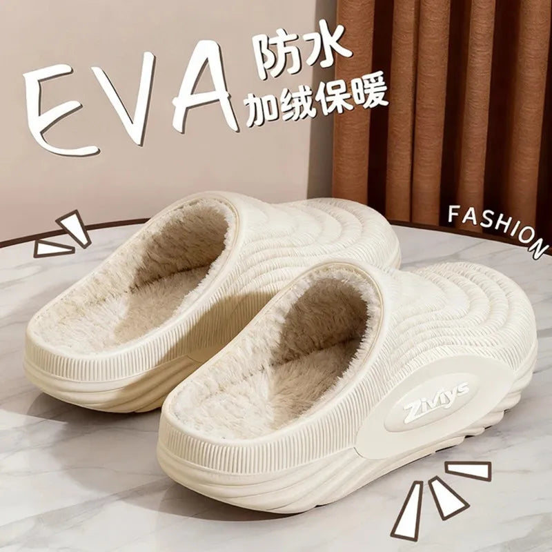 2025 New Men's Thick Bottom Waterproof Non-Slip Warm Home Outdoor Wear Fleece Lined Couple Cotton Slippers Winter EVA