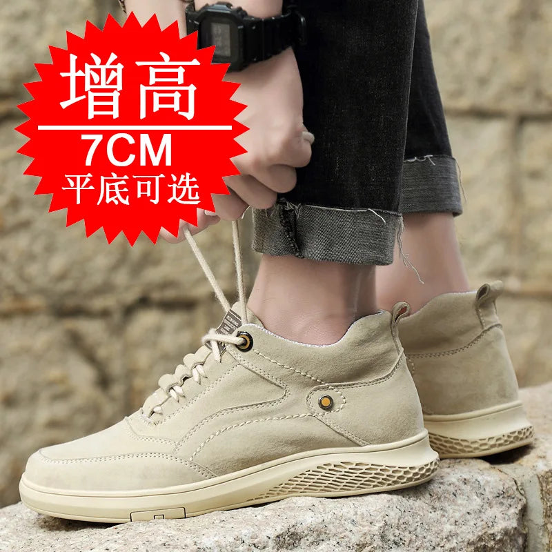 Men's Invisible Height Elevator Shoes Sneakers Lifting Shoes Taller Hidden Heel 7cm Trainers Cow Suede Hidden Heel Shoes
