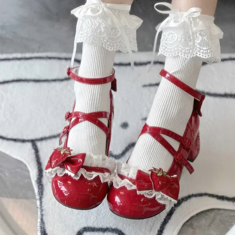 Women's Mary Janes Lolita Shoes Strawberry Bowknot Round Toe Heels Sweet Shoes Ankle Strap Pumps for Ladies