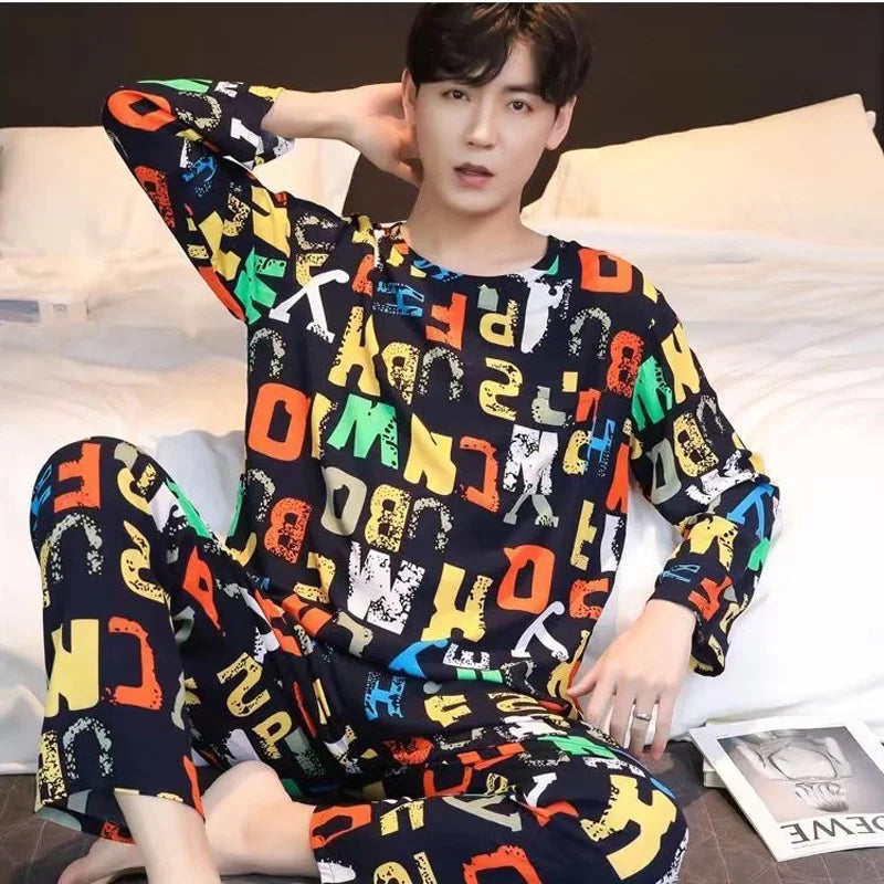 2-Piece New Spring And Fall Men's Pajamas Set Boys Soft Long-Sleeved Sleep Rest Home Party Pajamas Men's Casual Homewear
