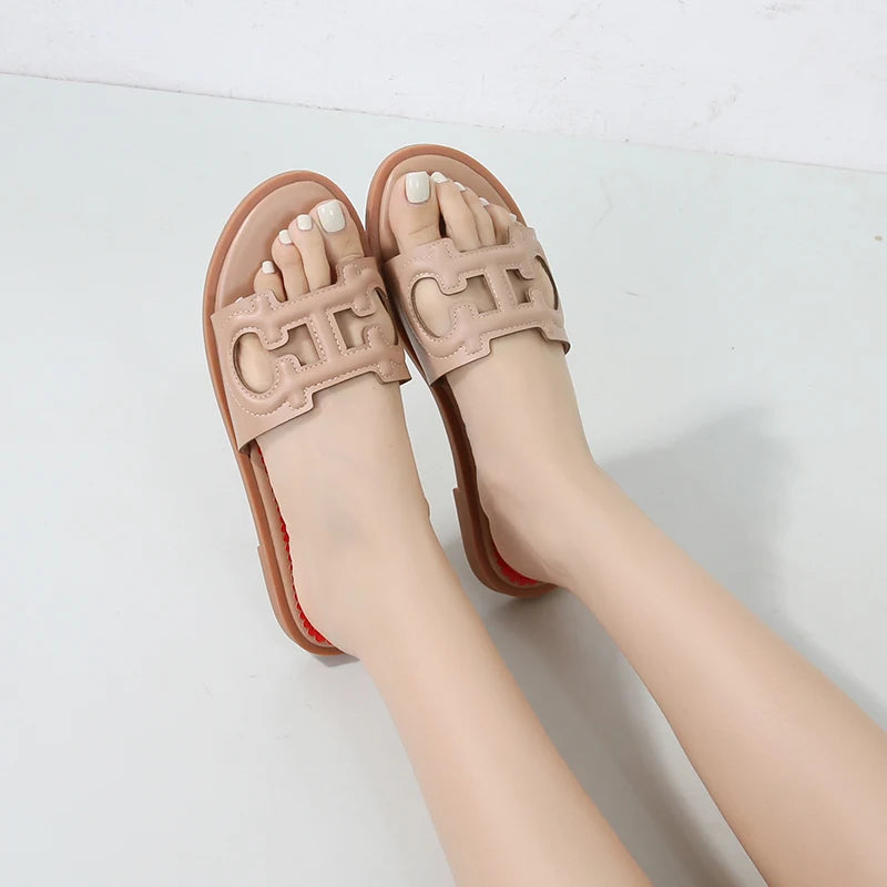 Women's slippers Roman flat heel non-slip elegant slimming look, breathable versatile flat bottom sandals shoes Summer