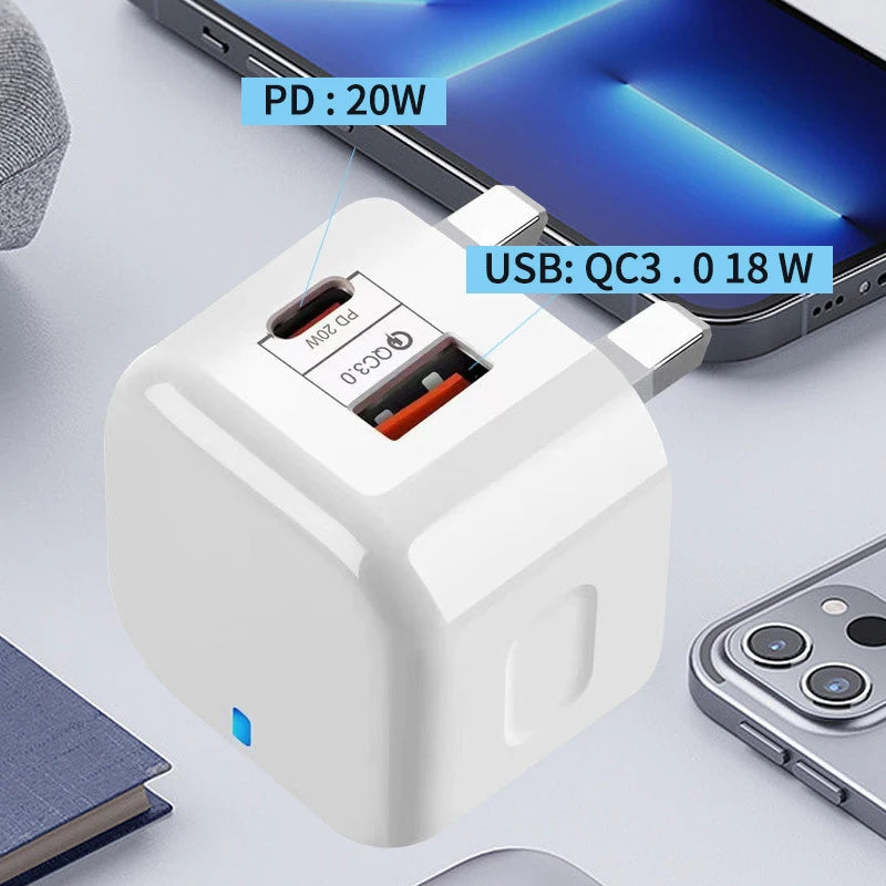 USB Type C PD 20W QC 3.0 Fast Charger Portable Wall Charger Adapter For iPhone 17 16 15 Pro Xiaomi Huawei Samsung EU US UK Plug