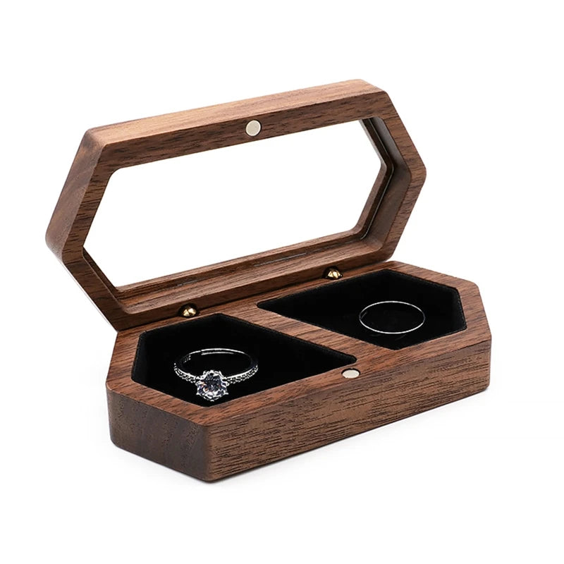 Jewelry Presentation Box Travel for Case Walnut Wood Engagement Ring Box Earring Stud Holder for Ceremony Wedding Propos