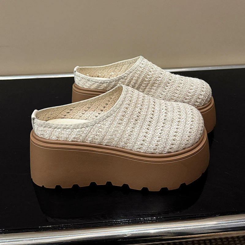 Women Ladies Summer Hollow Knit Mesh Chunky Wedge Heels Platform Round Toe Clogs Slides Casual Lazy Mules Sandals Slippers Shoes