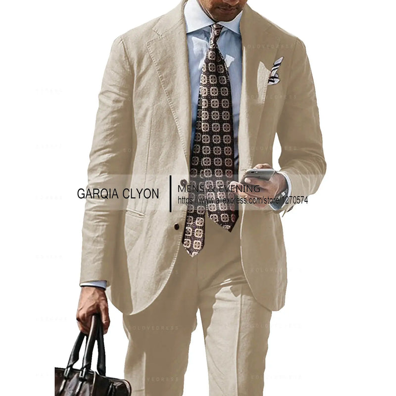 2025 New Casual Men's Suit Jacket Summer Spring Blazer Two Bottom Breathable Cotton Linen Coat 2 Pieces( Jacket+Pants )