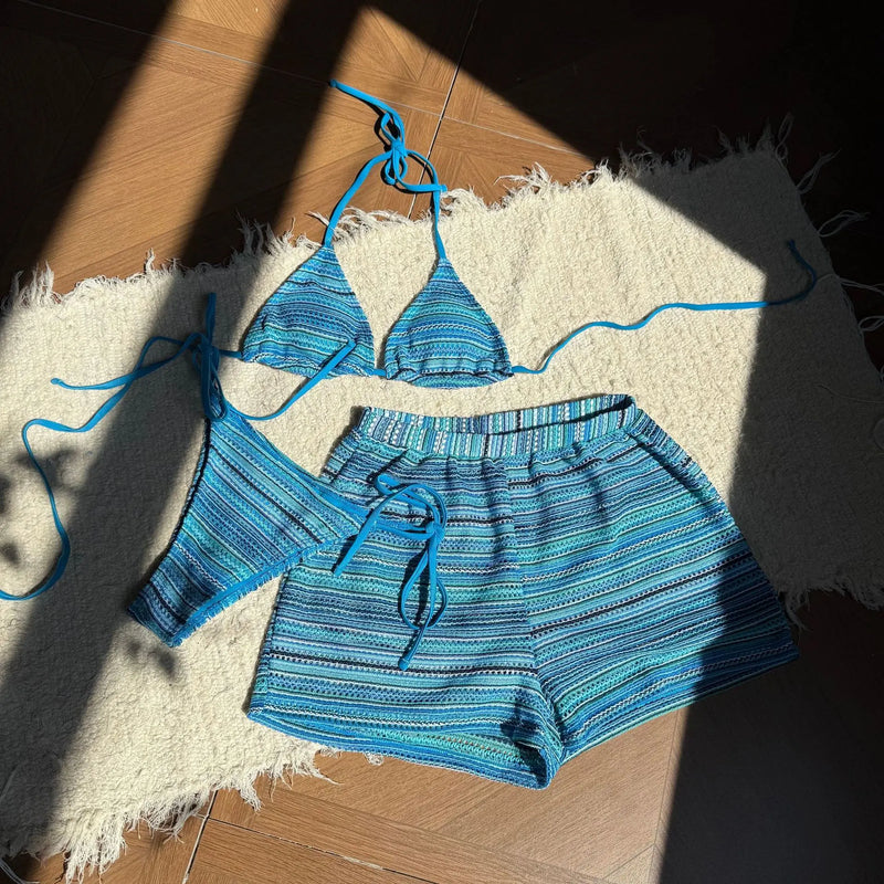 Sexy Knitted Striped Halter Tie Bikinis Sets Three Pieces | SAMAG