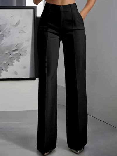 Women High Waisted Wide Leg Office Trousers, Solid Black | SAMAG