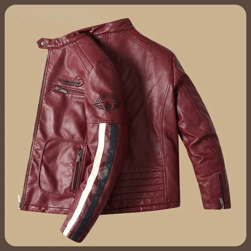 Men's Red Long-sleeve PU Jackets and Blue Faux Leather Motorcycle Coats for Fall and Winter. European Sizes S–XXXL.