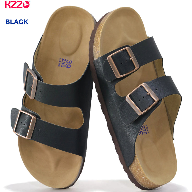 KZZO Waterproof Genuine Leather Mules for Women Non Slip Clog Shoes Outdoor Home Comfort Slip On Flat Double Adjustable Strap