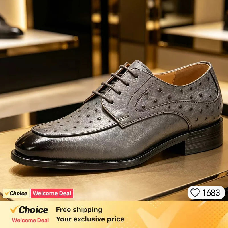 2026 new ostrich leather pattern men's genuine leather formal wear handmade cowhide Fashion casual business leather shoes