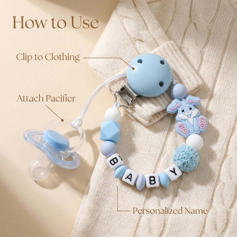 Custom Name Bunny Pacifier Clip Blue Silicone Teething Bead Chain BPA Free Handmade Dummy Holder Safe Baby Boy Shower Gift