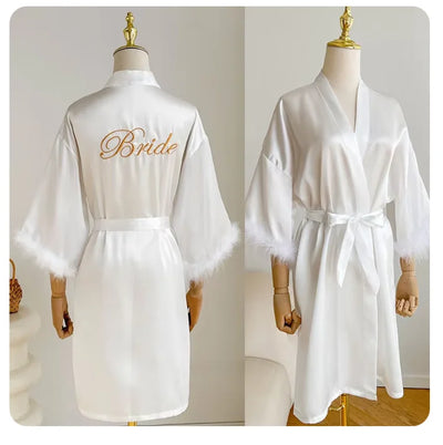 White Bride Wedding Robe with Feathers Women Satin | SAMAG