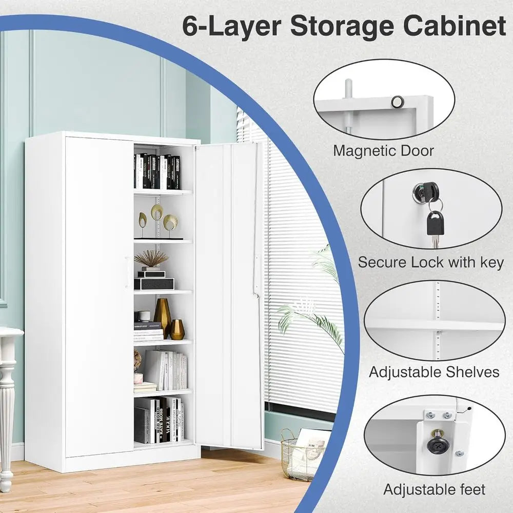 Metal Storage Cabinet with Lock,Tall White ile Cabinet with 2 Doand 5 Adjustable Shelves,Steel Storage Cabior Garage,Home Oice,P