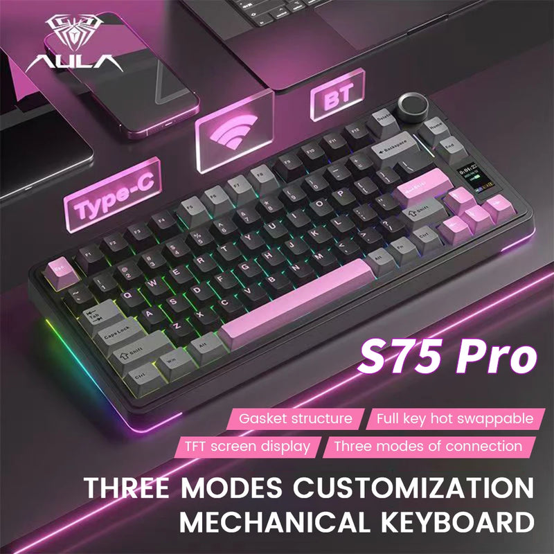 AULA S75 Pro Gaming Mechanical Keyboard 75% Hot Swappable RGB Backlit 4000mAh PBT Keycaps Wireless Keyboard with LED Screen Knob