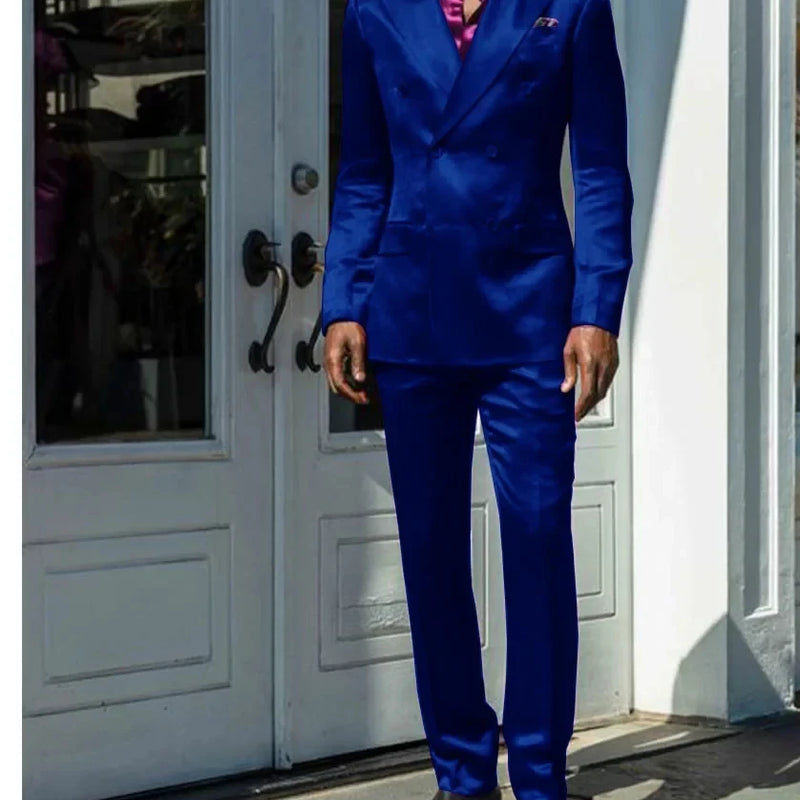 Fashionable Men Suits Satin 2 Piece Jacket Pants Sets High Quality Prom Party Blazer Double Breasted Peak Lapel Male Clothing