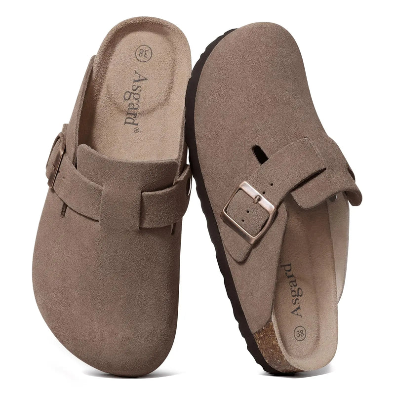 Asgard Women Suede Clogs Genuine Leather Mules Adjustable Buckle with Comfort Cork Footbed and Arch Support Aldult Potato Shoes