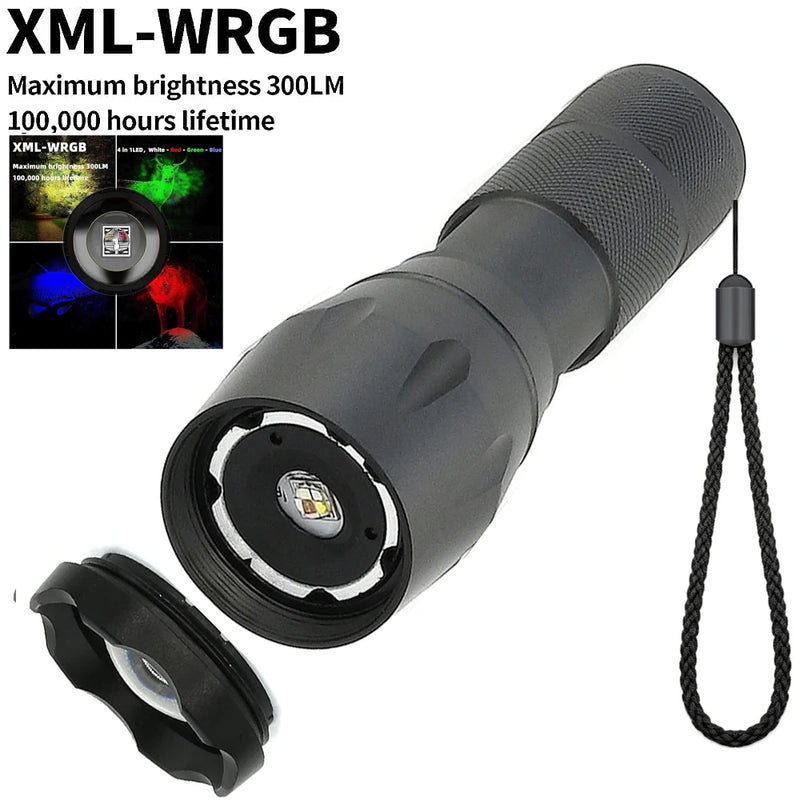 Upgraded Zoomable Red Flashlight, 4 Color in 1 Flash Light, Green Red Blue White Multi-Color RGBW Led with Memory for Fishing