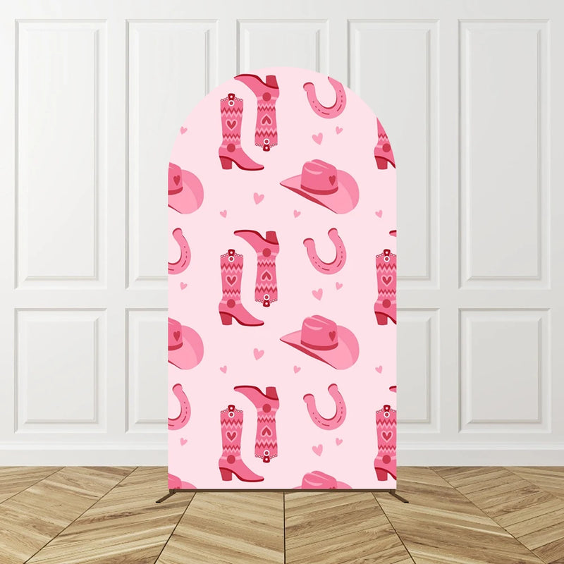 Cowgirl Pink Arch Backdrop Birthday Party Photo Background Kids Western Theme Decor Horse Shoe Boots Hat Pattern Celebration Bac