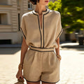 Elegant Striped Piping Set Woman Notch Collar Loose Short Sleeve Blouse & Wide Leg Shorts Suit Daily Beach Summer 2-Piece Outfit