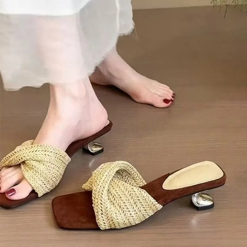 Summer New Woven Cross Strap Square Toe Breathable Mule Sandals - Open Toe Irregular Metal Heel Pumps, Beach Vacation Shoes 2026