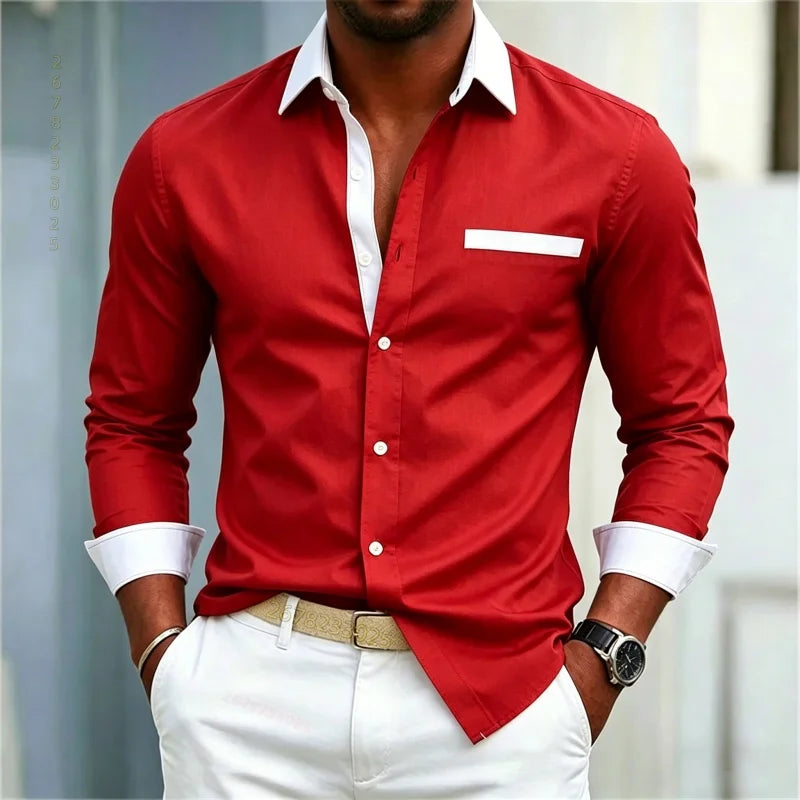 Men's shirt color blocking black and white lapel slim fit | SAMAG