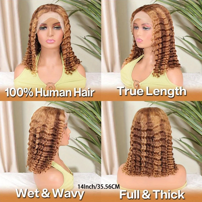 250% Density 4/27 Ombre Highlight Deep Wave Curly Bob Wigs Human Hair Pre Plucked 13x4 HD Honey Blonde Highlight Lace Front Wig