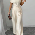 Elegant Pure Color Ladies Asymmetric Top And Wide Leg Pants 2-Piece Set for Commuting Casual Vacations Fashionable New Arrival
