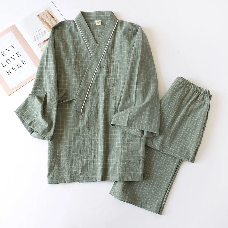 Japanese-style Kimono, Cotton Gauze, Spring And Autumn Men's Plaid Nightgown Two-piece Home Service Yukata Lace-up Pajama Set
