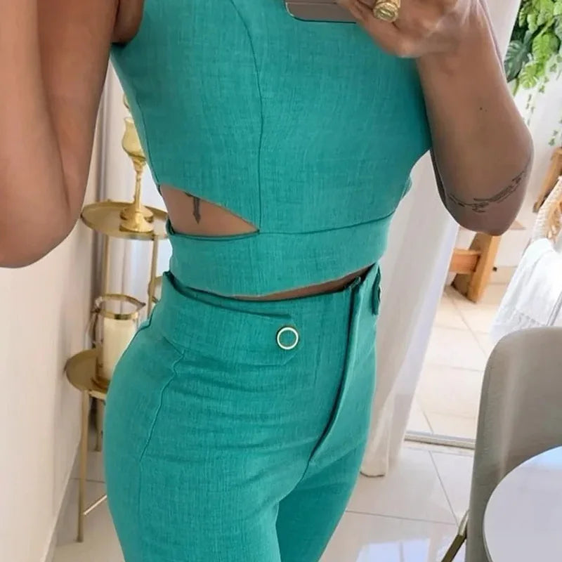 Elegant Slim Sets For Women 2 Pieces Sexy Sleeveless Crop Top + high waist Pants Suits Solid Outifit Y2K Sweet Style Women's Set
