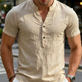 Men's White Stand Collar Henley Short Sleeve Shirt | SAMAG