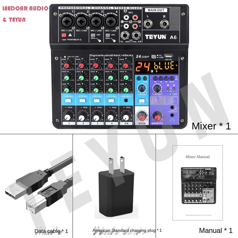 TEYUN A8 A6 A4 6/8 Channel Audio Mixer Professional Portable Mixer Sound Table Board Digital MP3 Computer Input 48v Power Number