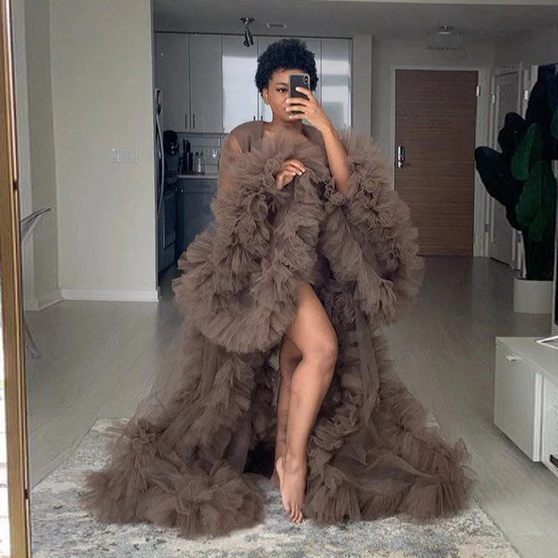 Luxury Maternity Dresses Puffy Tulle Long Women Robe Wedding Bridal Sleepwear Nightwear Front Split BabyShower Gown Photoshoot