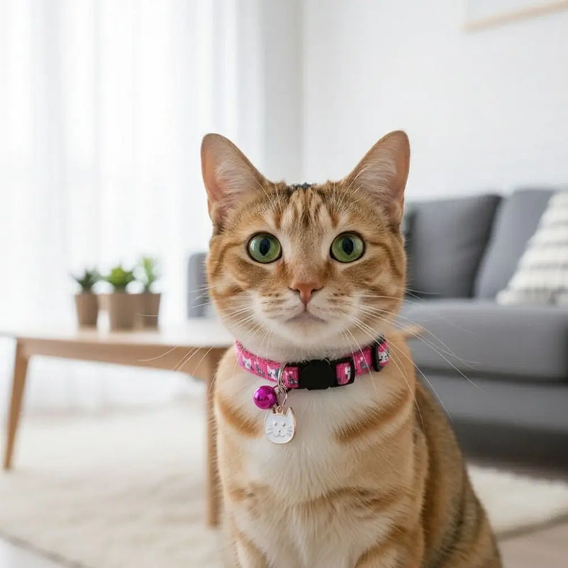 Adjustable Pet Cat Collar Quick Release Safety Buckle Anti-choking Puppy Collar with Cat Face Pendant Bell Cat Pattern