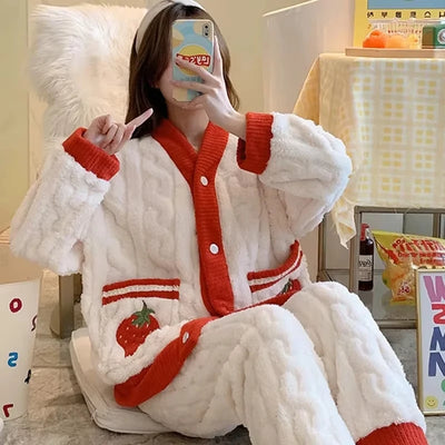 Pyjama épais en flanelle et velours corail fraise | SAMAG