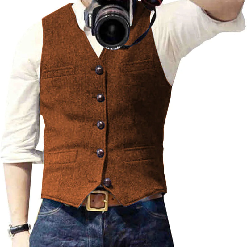 Men's Suit Vest V Neck Wool Herringbone Tweed Casual Waistcoat Formal Business Vest Groomman